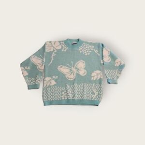 Vintage 90s Blue Teal Butterfly Graphic Knit Pullover Sweater Size M